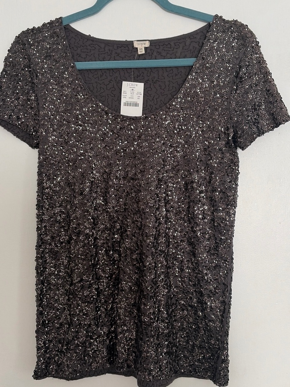 J. Crew Black Sequin Short-Sleeve Scoop Neck Top